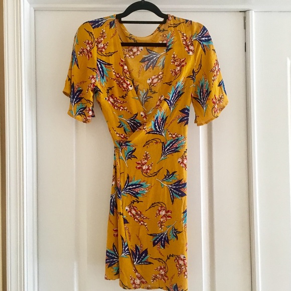 Tropical Floral Midi Wrap Dress Yellow - Picture 6 of 8